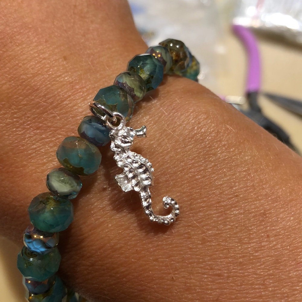 Handmade sea foam green bracelet w seahorse charm